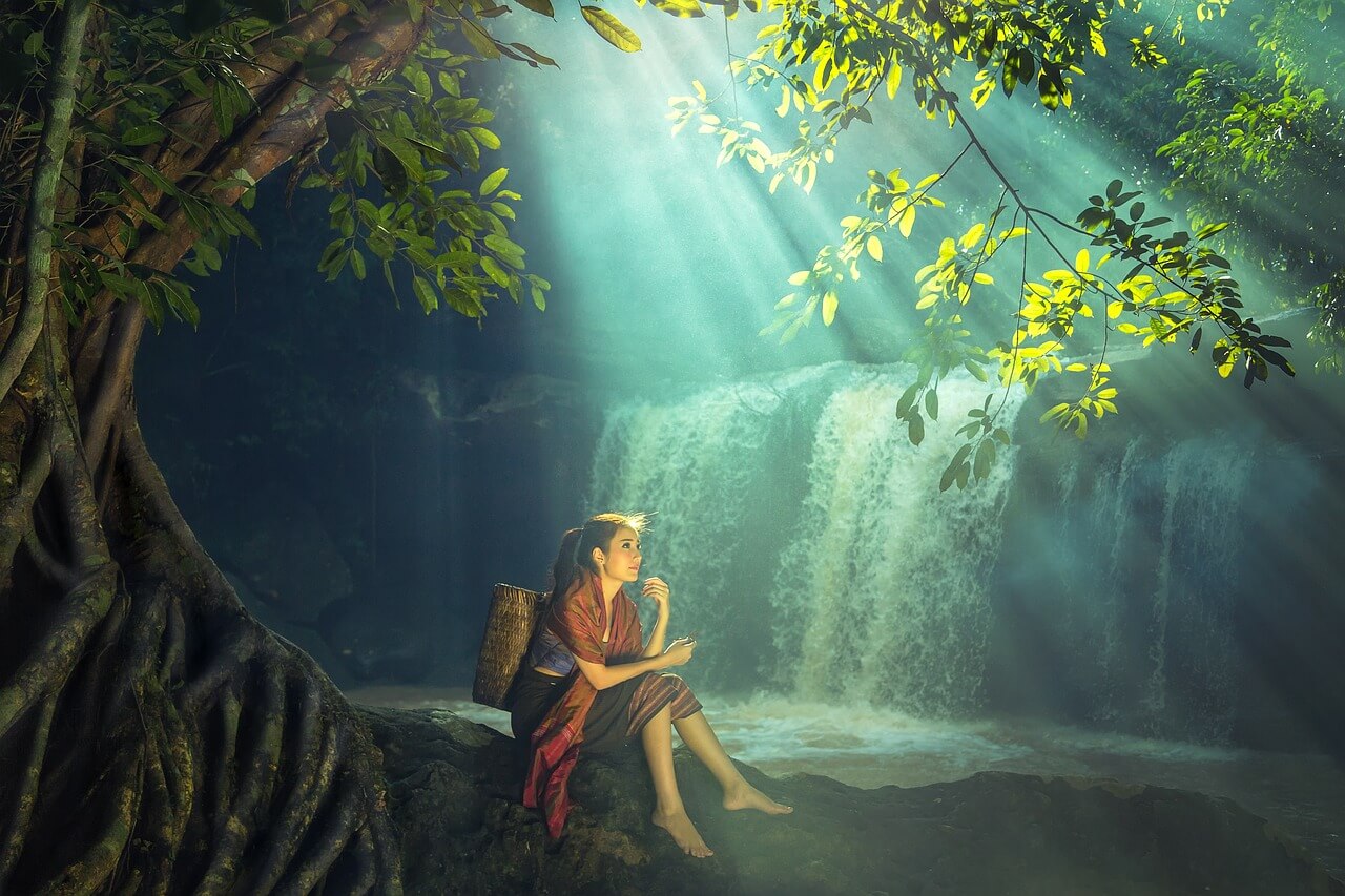 woman, waterfall, forest